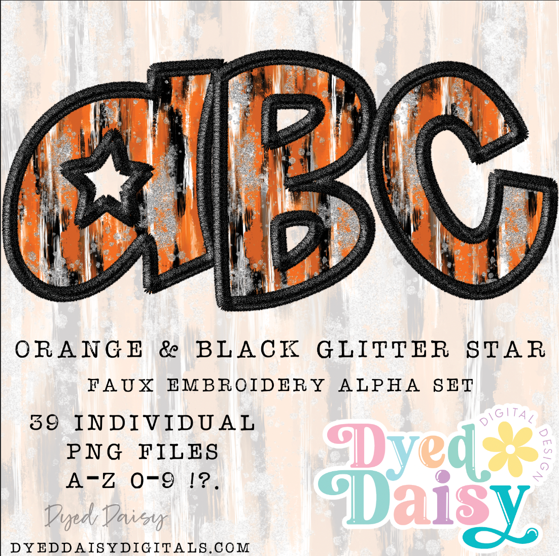 Orange and Black Stars FAUX EMBROIDERY Alpha Set Set Digital Download - 39 PNGs