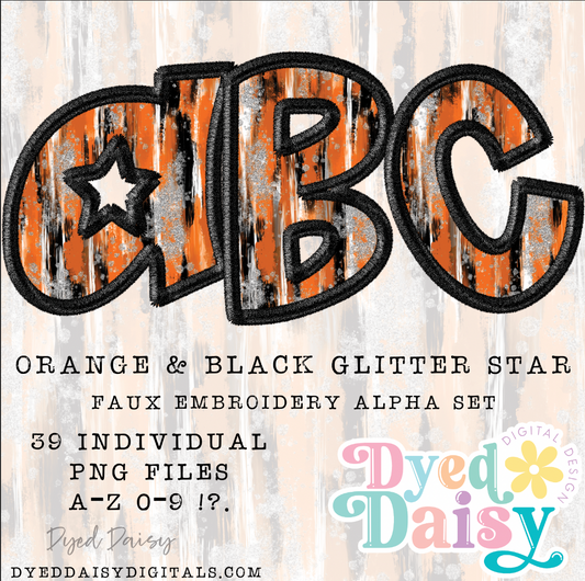 Orange and Black Stars FAUX EMBROIDERY Alpha Set Set Digital Download - 39 PNGs