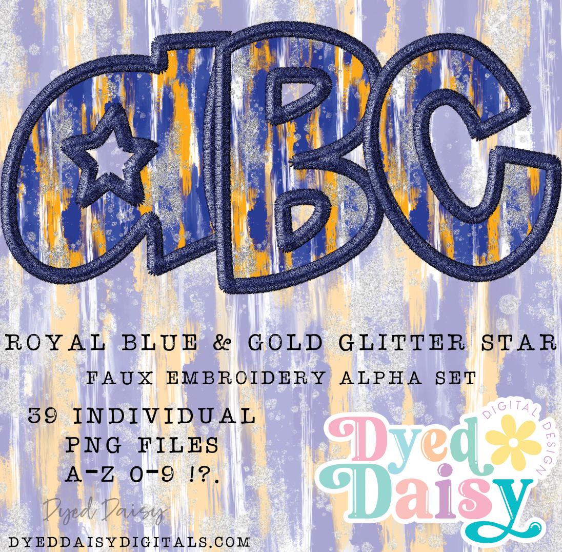 Royal Blue & Yellow Gold Stars FAUX EMBROIDERY Alpha Set Set Digital Download - 39 PNGs