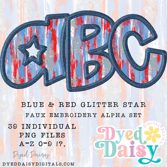 Blue & Red Stars FAUX EMBROIDERY Alpha Set Set Digital Download - 39 PNGs