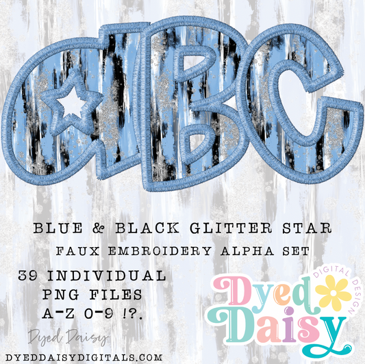 Blue & Black Stars FAUX EMBROIDERY Alpha Set Set Digital Download - 39 PNGs