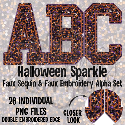 Halloween Sparkle Faux Sequins Faux Embroidery Alpha Set Digital Download