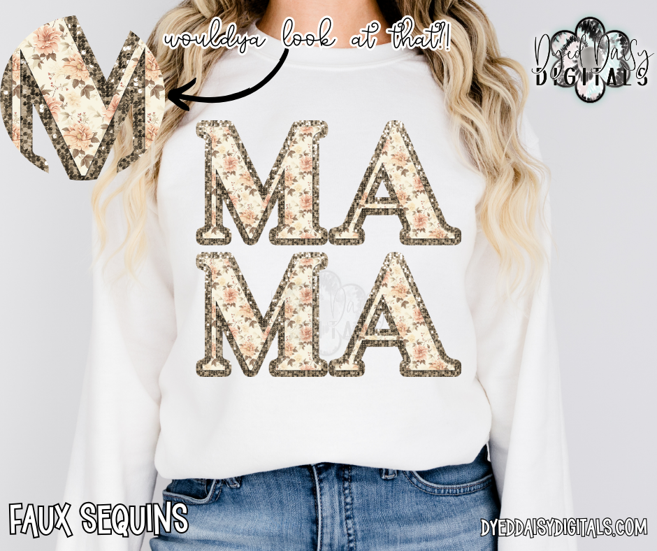 Sparkle Vintage Floral Stacked MAMA Faux Sequins Digital Download