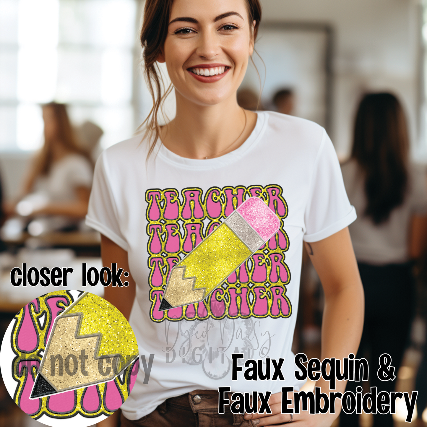 Teacher Faux Sequin & Faux Embroidery Digital Download