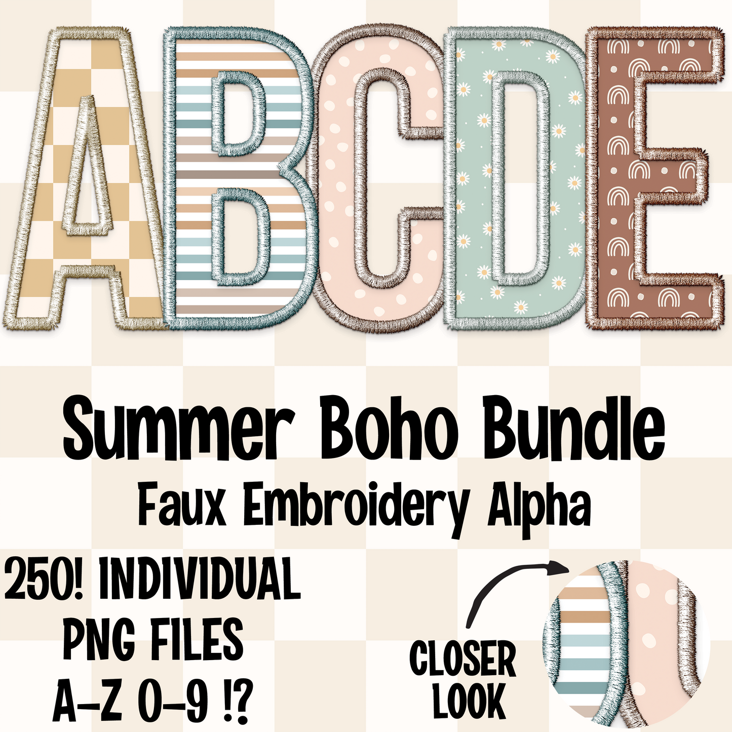 Boho Summer (250 files!) Faux Embroidery Alpha Set Digital Download