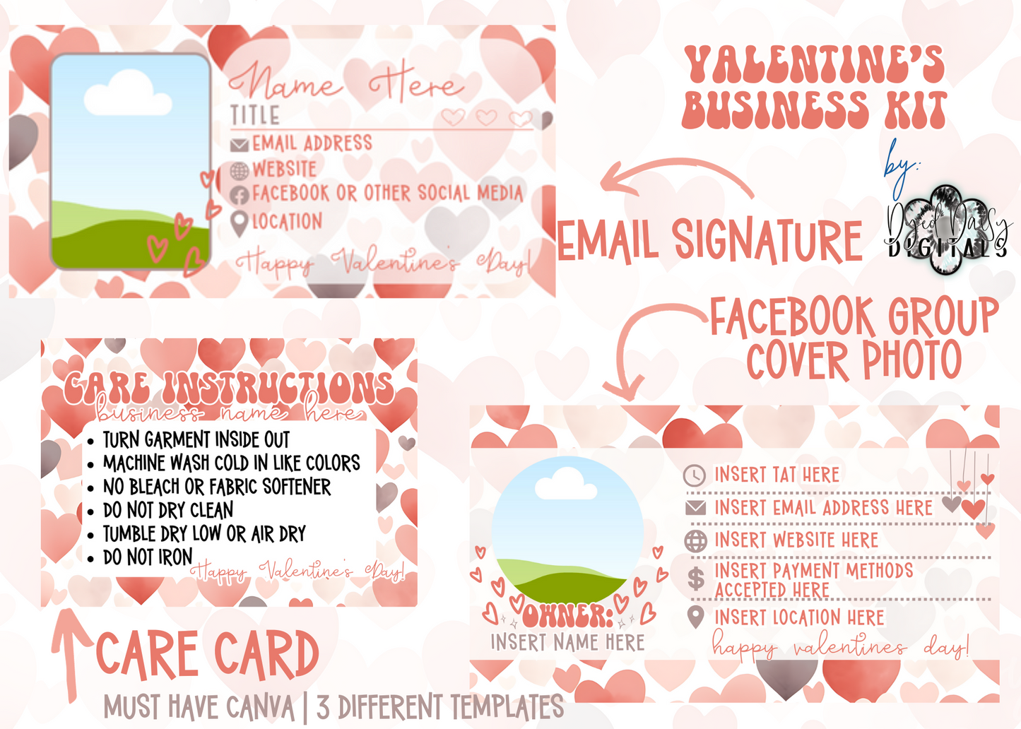 Valentine's Day One Business Kit Canva Templates - Includes Facebook Group Cover Photo, Email Signature, and Care CardMust have Canva!