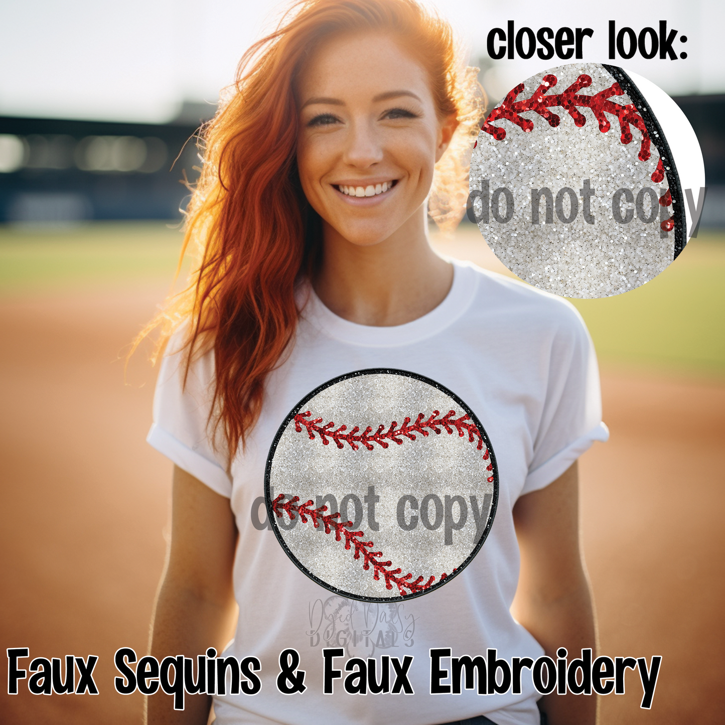 Red Baseball Threads Faux Sequin and Faux Embroidery Digital Download