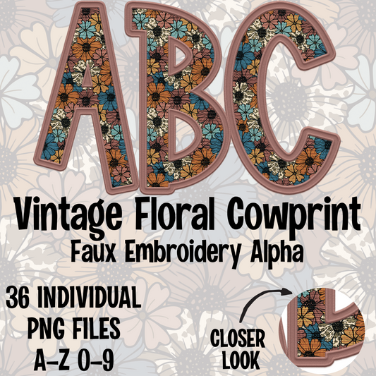 Vintage Floral Cowprint Faux Embroidery Alpha Set Digital Download