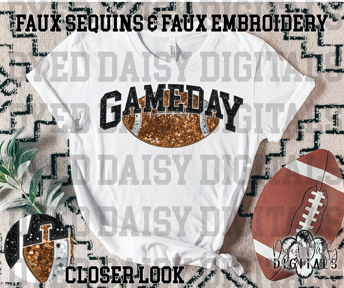 Gameday Arched with Football - Faux Embroidery - Faux Sequins - Digital Download