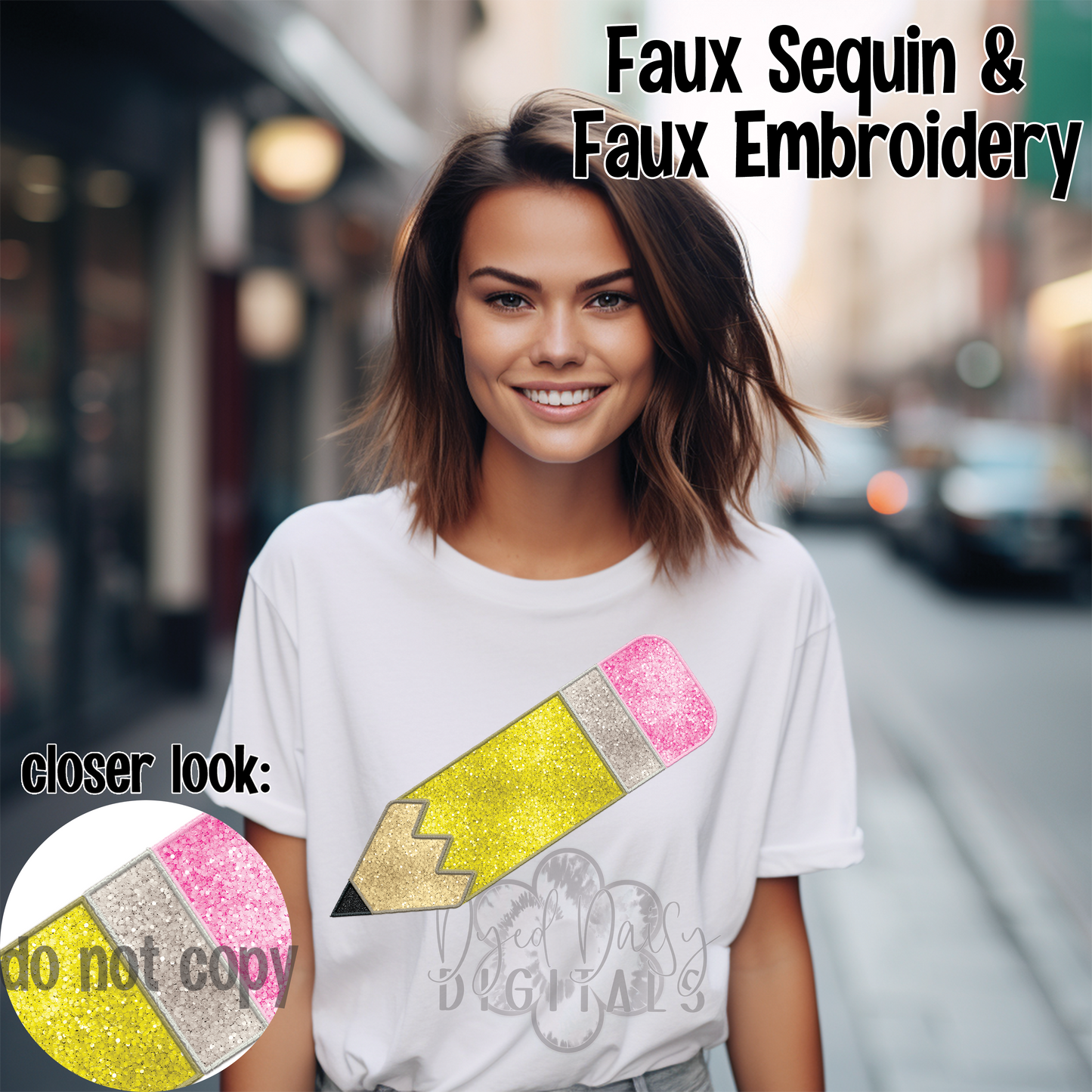 Pencil Faux Sequin & Faux Embroidery Digital Download