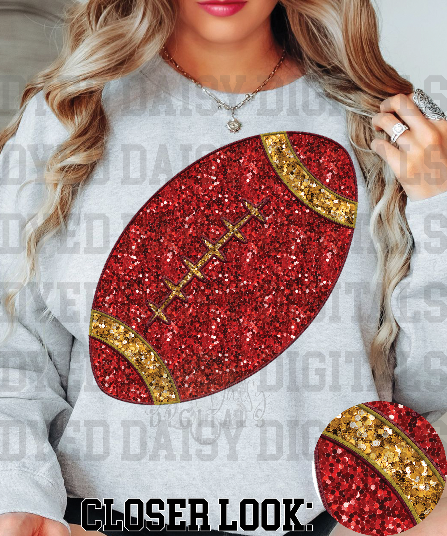 Red and Gold Football Faux Sequin Faux Embroidery  Digital Download