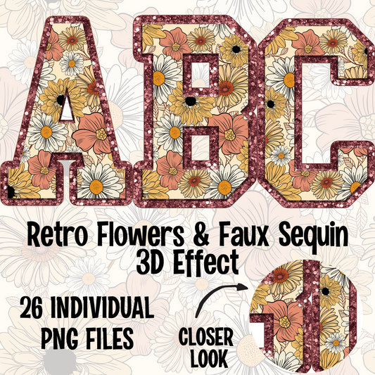 Retro Flower Faux Sequin 3D Effect Alpha Set Digital Download