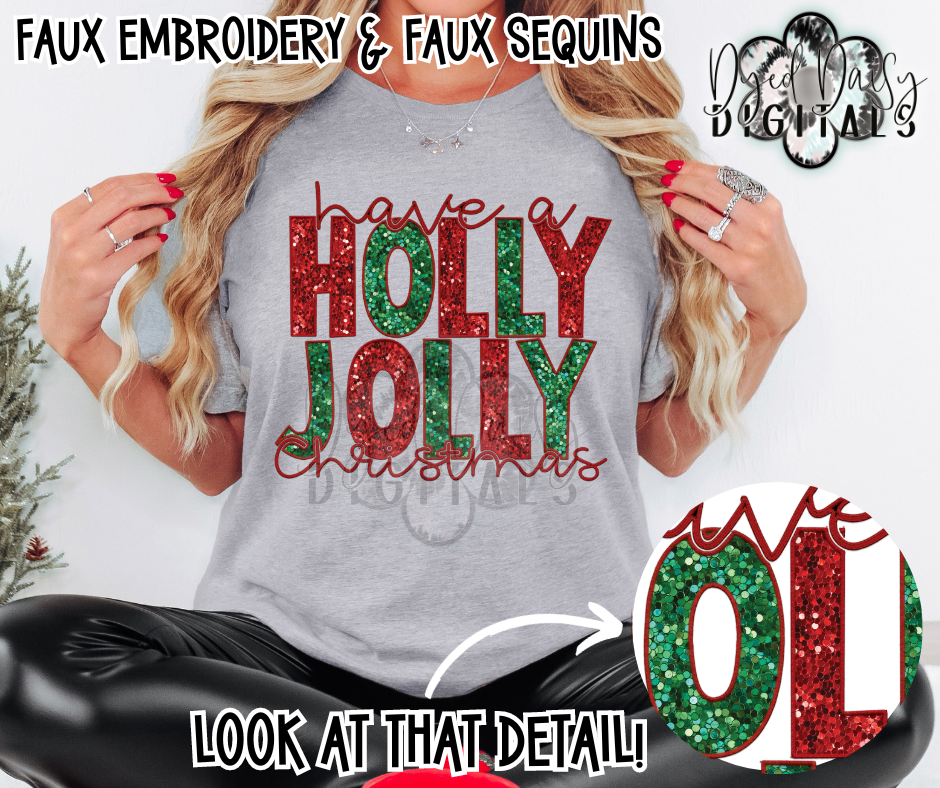 Holly Jolly Faux Sequin and Faux Embroidery Digital Download