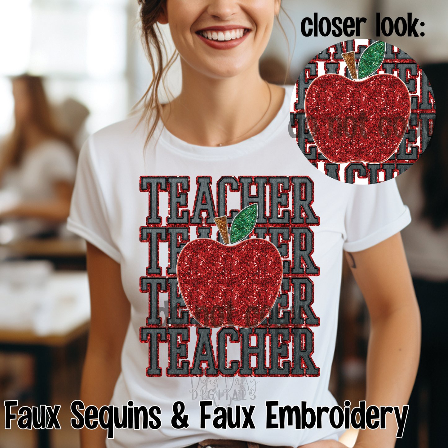 Stacked Teacher with Apple Faux Sequin and Faux Embroidery Digital Download